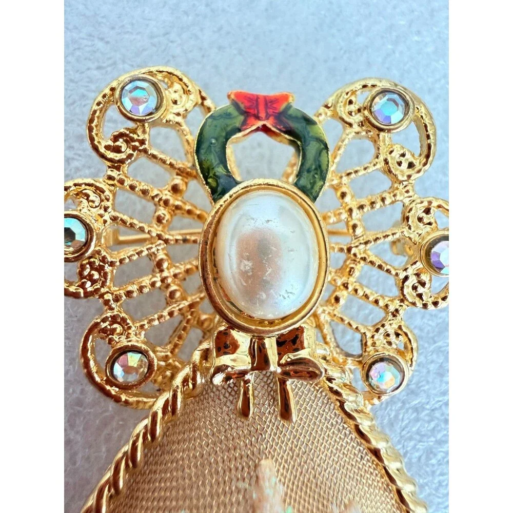 Vintage 1980s 1990s Gold Tone Mesh Christmas Angel Brooch Faux Pearl Snowflake